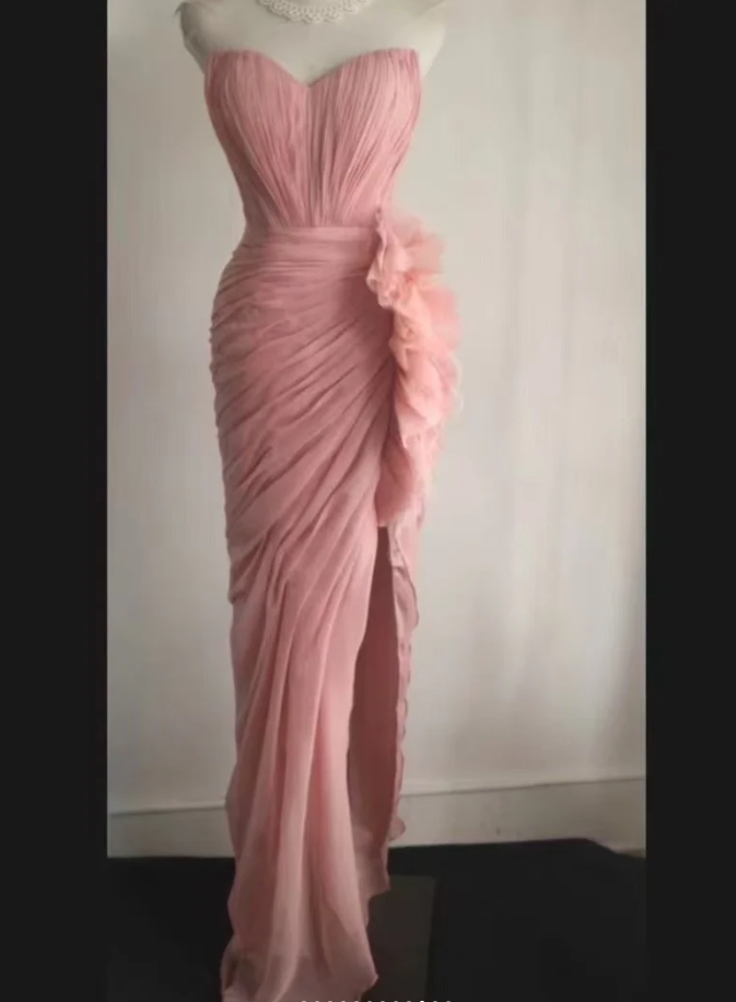 Pretty Pink Strapless Chiffon Pleated Slit Long Party Dress Evening Dress D1270