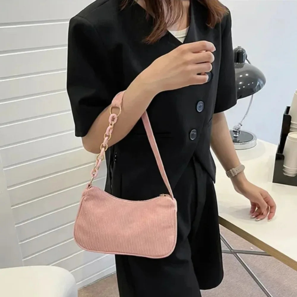 Fashion Corduroy Zipper Underarm Shoulder Bag