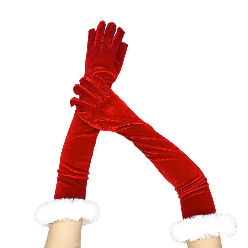 Red Gold Velvet White Plush Full Finger Christmas Party Costume Glove - Fashionpara