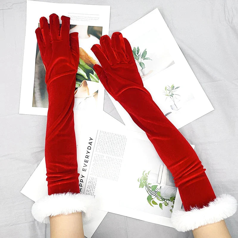 Red Gold Velvet White Plush Full Finger Christmas Party Costume Glove - Fashionpara