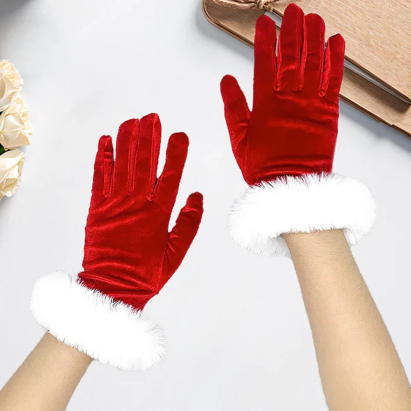 Red Gold Velvet White Plush Full Finger Christmas Party Costume Glove - Fashionpara