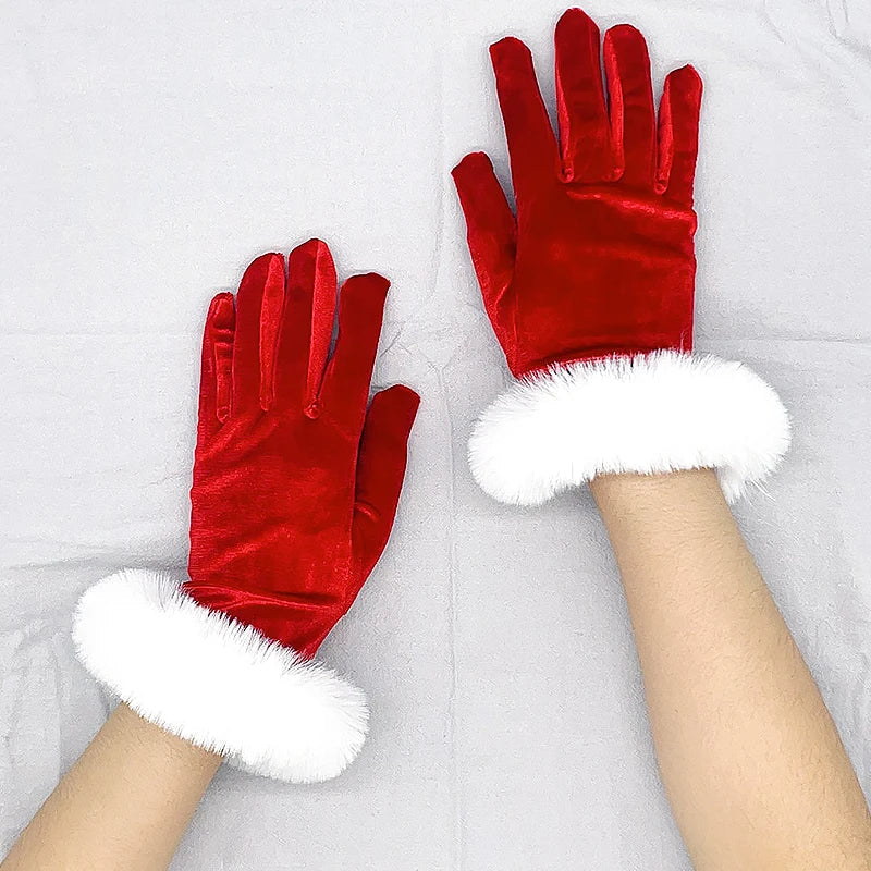 Red Gold Velvet White Plush Full Finger Christmas Party Costume Glove - Fashionpara