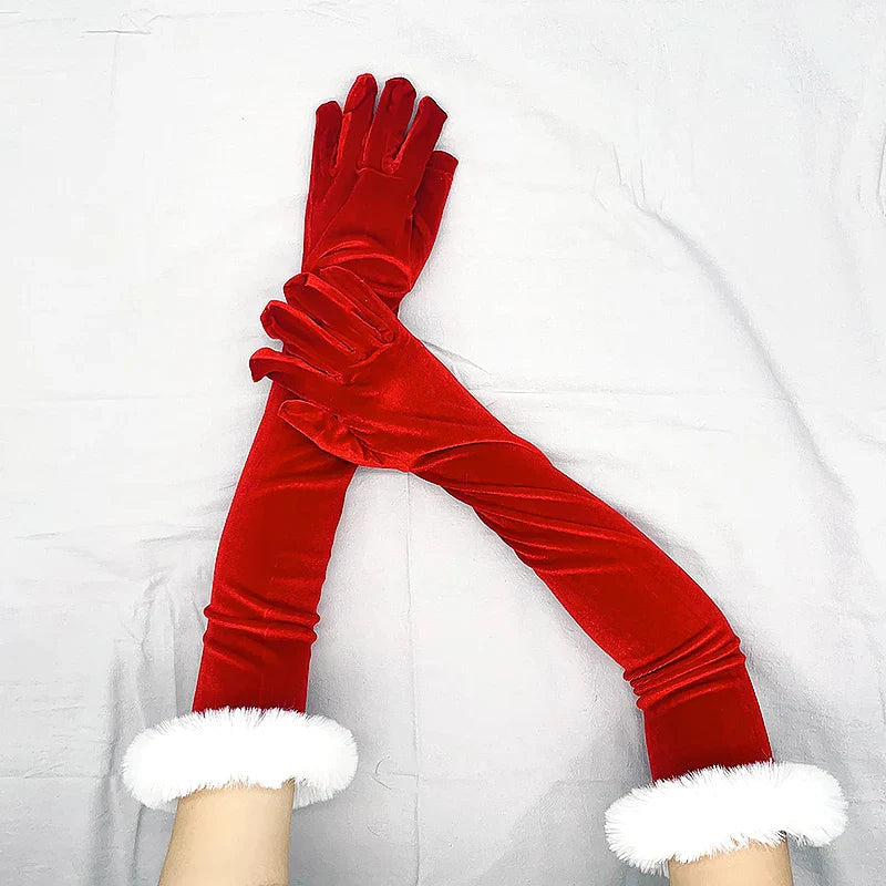 Red Gold Velvet White Plush Full Finger Christmas Party Costume Glove - Fashionpara