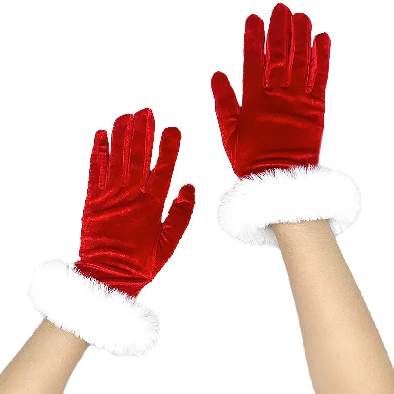 Red Gold Velvet White Plush Full Finger Christmas Party Costume Glove - Fashionpara