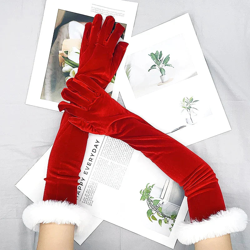 Red Gold Velvet White Plush Full Finger Christmas Party Costume Glove - Fashionpara
