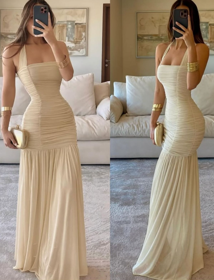 Sexy Halter Apricot Chiffon Pleated Mermaid Party Dress Long Wedding Guest Dress D1385