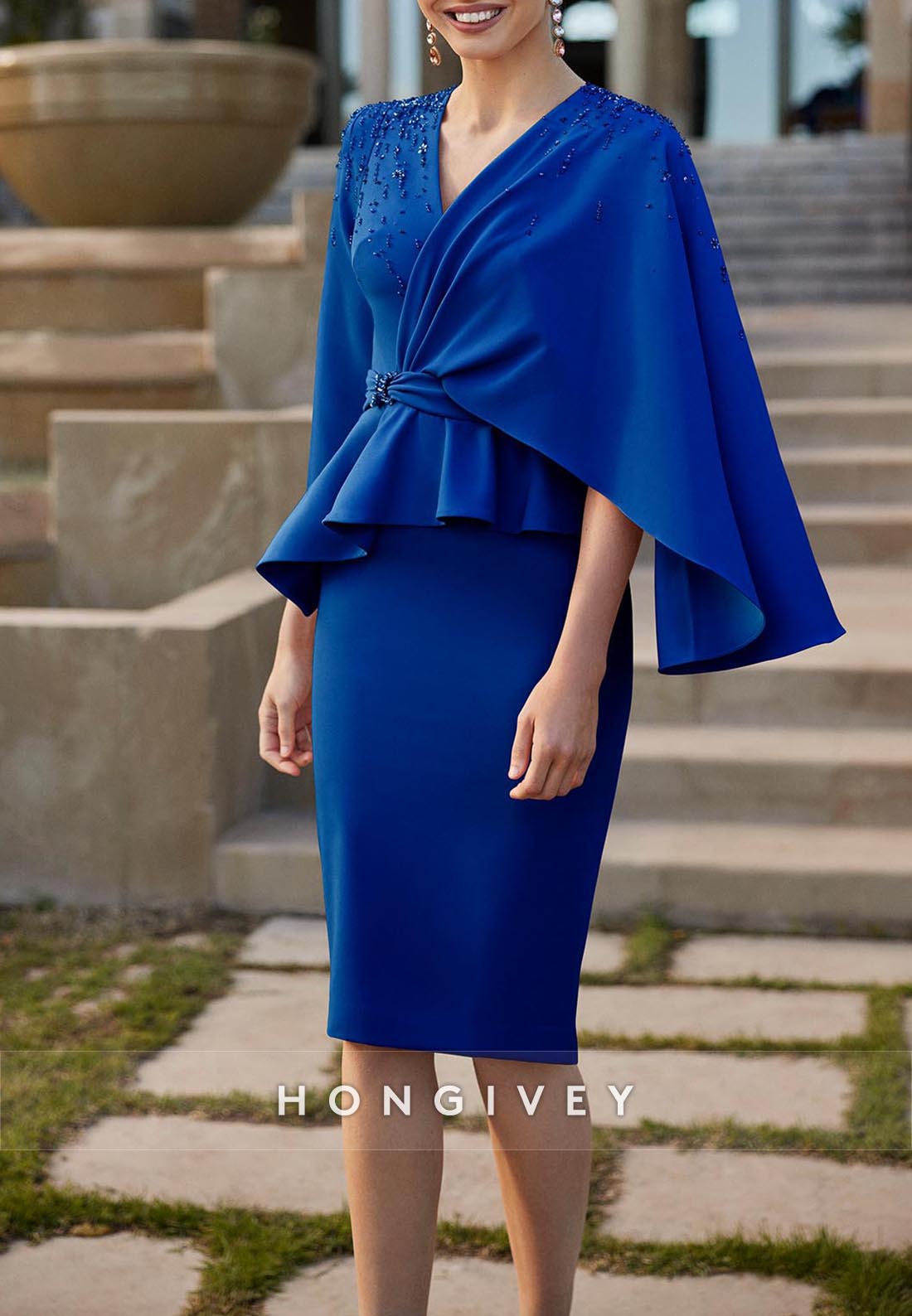 Sheath Knee-Length Peplum Cocktail Dresses V Neck Mother of the Bride One Shoulder Cape Pleated
