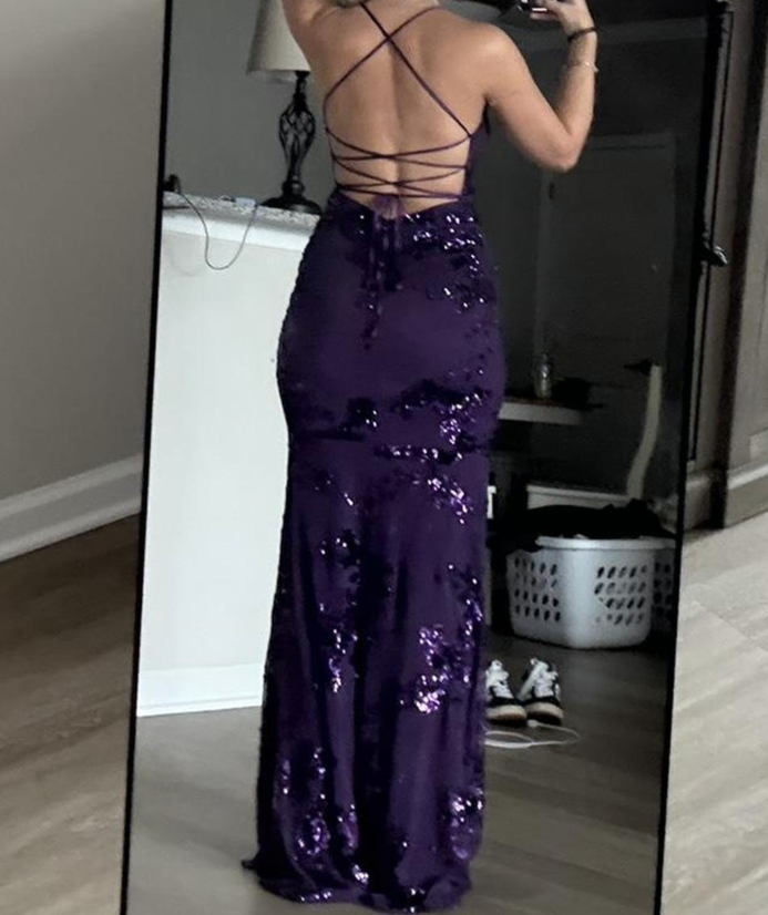 Sexy V Neck Purple Satin Sequin Backless Mermaid Evening Dress Long Party Dress D1214