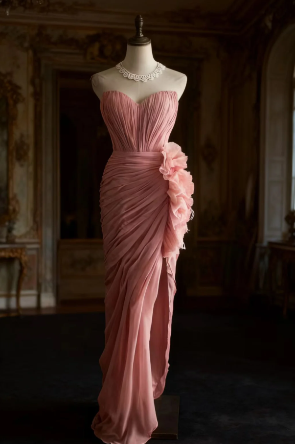 Pretty Pink Strapless Chiffon Pleated Slit Long Party Dress Evening Dress D1270