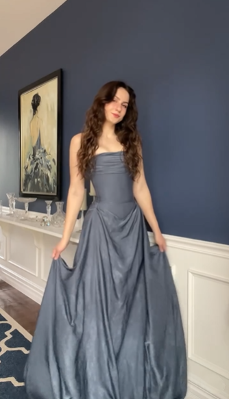 Classy Gray Satin Pleated Mermaid Party Dress Long Wedding Guest Dress D1301