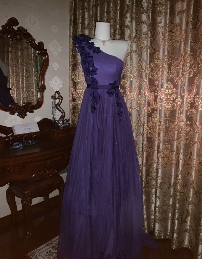 Elegant Purple One Shoulder Tulle Appliques A Line Wedding Guest Dress Long Party Dress D1721
