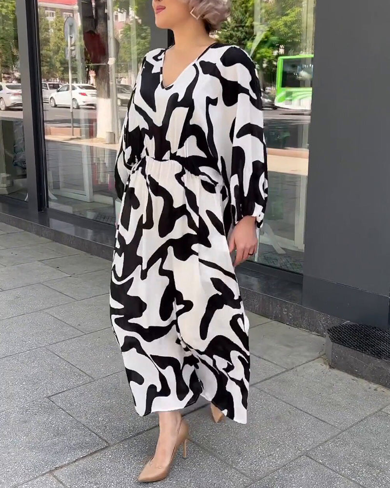 Abstract Print V-Neck Long Sleeve Tiered Maxi Dress