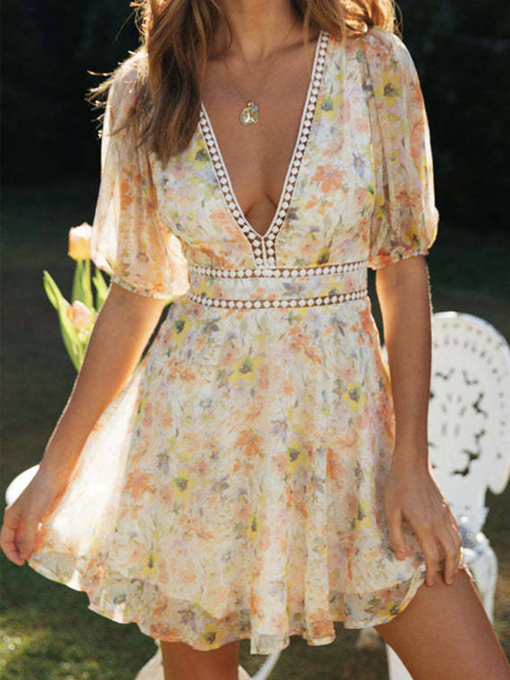 Chiffon Printed V - Neck Puff Sleeve Mini Dress - View 6
