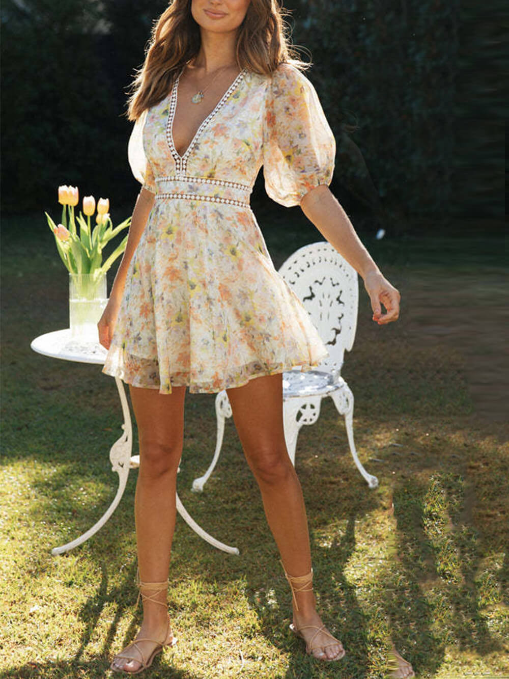 Chiffon Printed V - Neck Puff Sleeve Mini Dress - View 3
