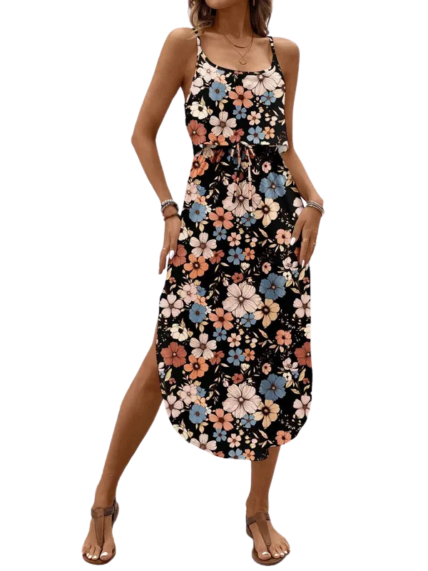 Scoop Neck Layered Split Print Cami Midi Dress 13