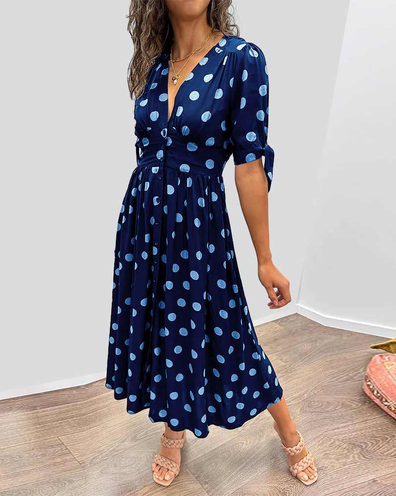 Polka Dot Deep V-Neck Button Front Puff Sleeve Tie Cuff Midi Dress - View 7