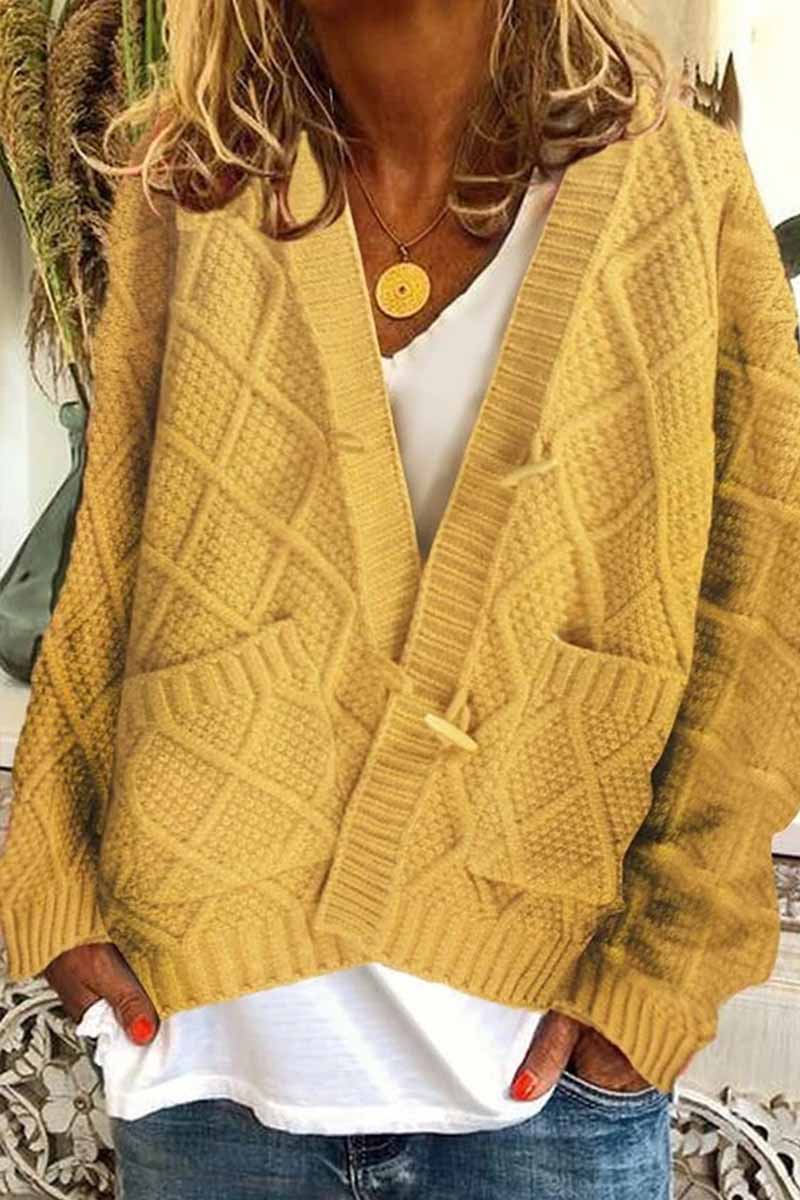 Florcoo Ribbed Horn Buckle Cardigan with Pockets - 4 Colors