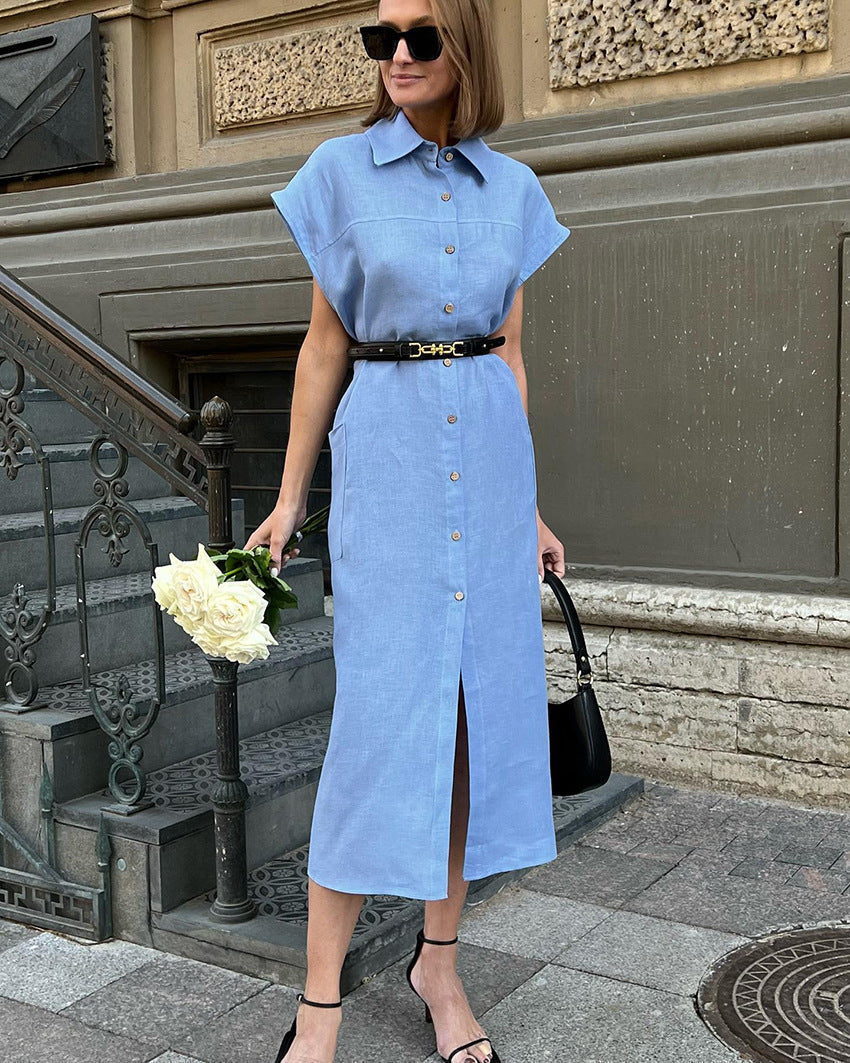 Linen Collared Short Sleeve Button-Front Belted Midi Dress 2