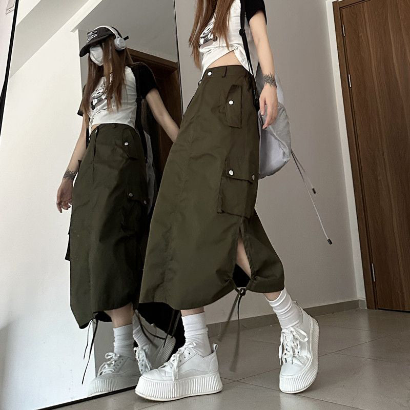 High Waist Cargo Pockets Long Skirts - Fashionpara