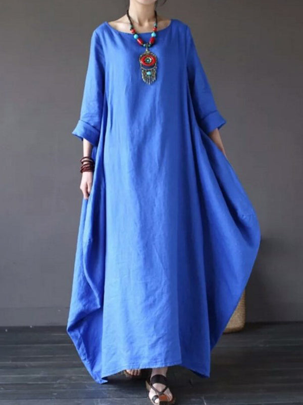 Linen Round Neck Long Sleeve Lantern Maxi Dress 2