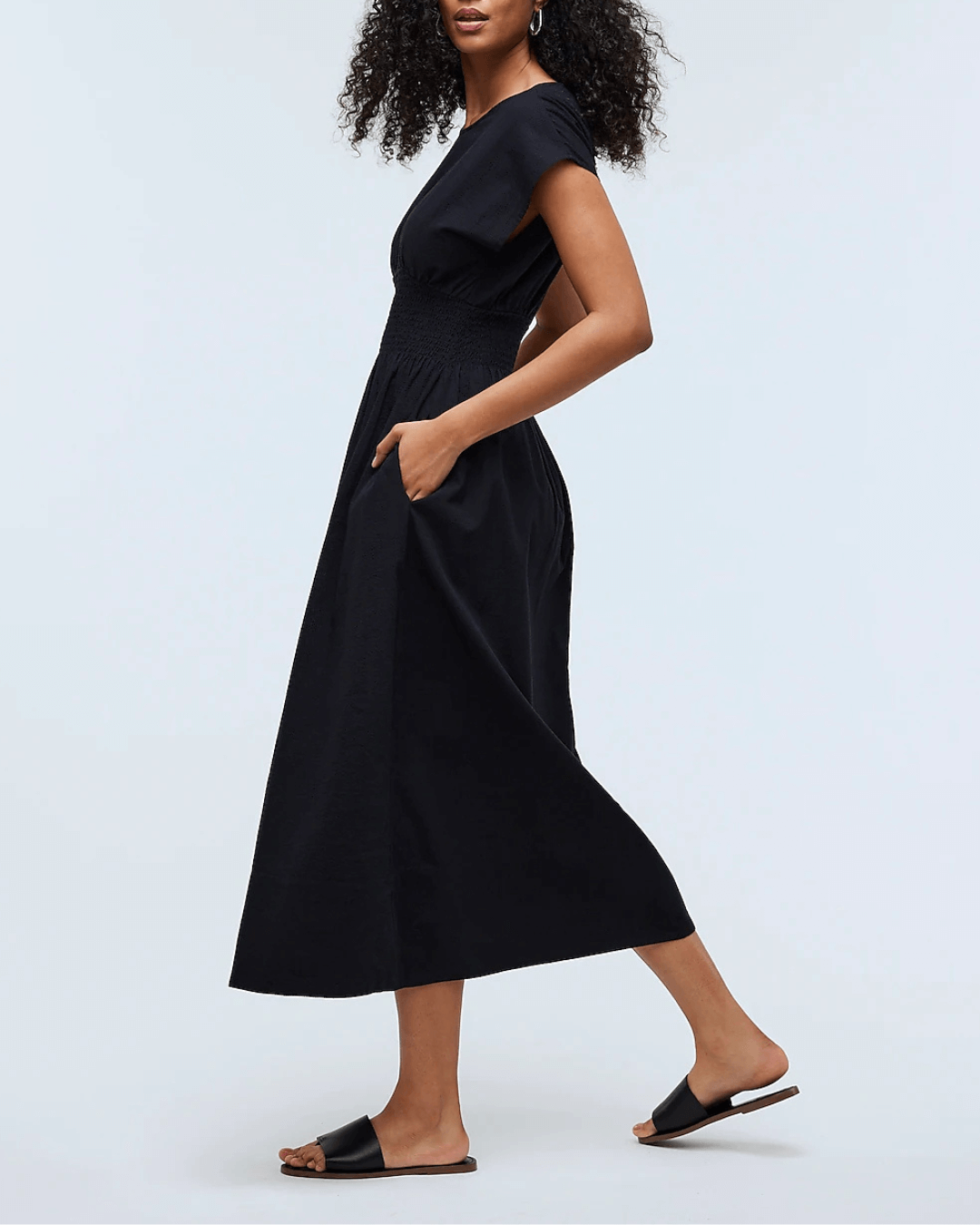 Smocked-Waist Midi Dress in Stripe Seersucker - Fashionpara