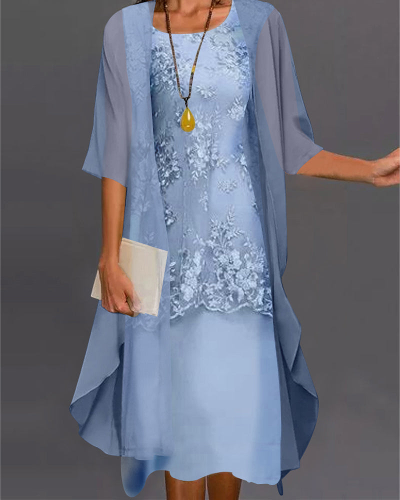 Lace Bodice Round Neck Midi Dress Chiffon Cardigan Two-Piece Set
