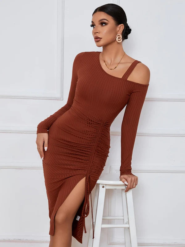 Ribbed Knit Cold-Shoulder Ruched Drawstring Bodycon Midi Dress 4