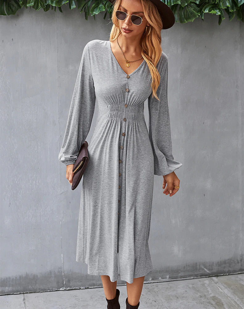 V-Neck Long-Sleeve Button-Front Fit-and-Flare Midi Dress 3