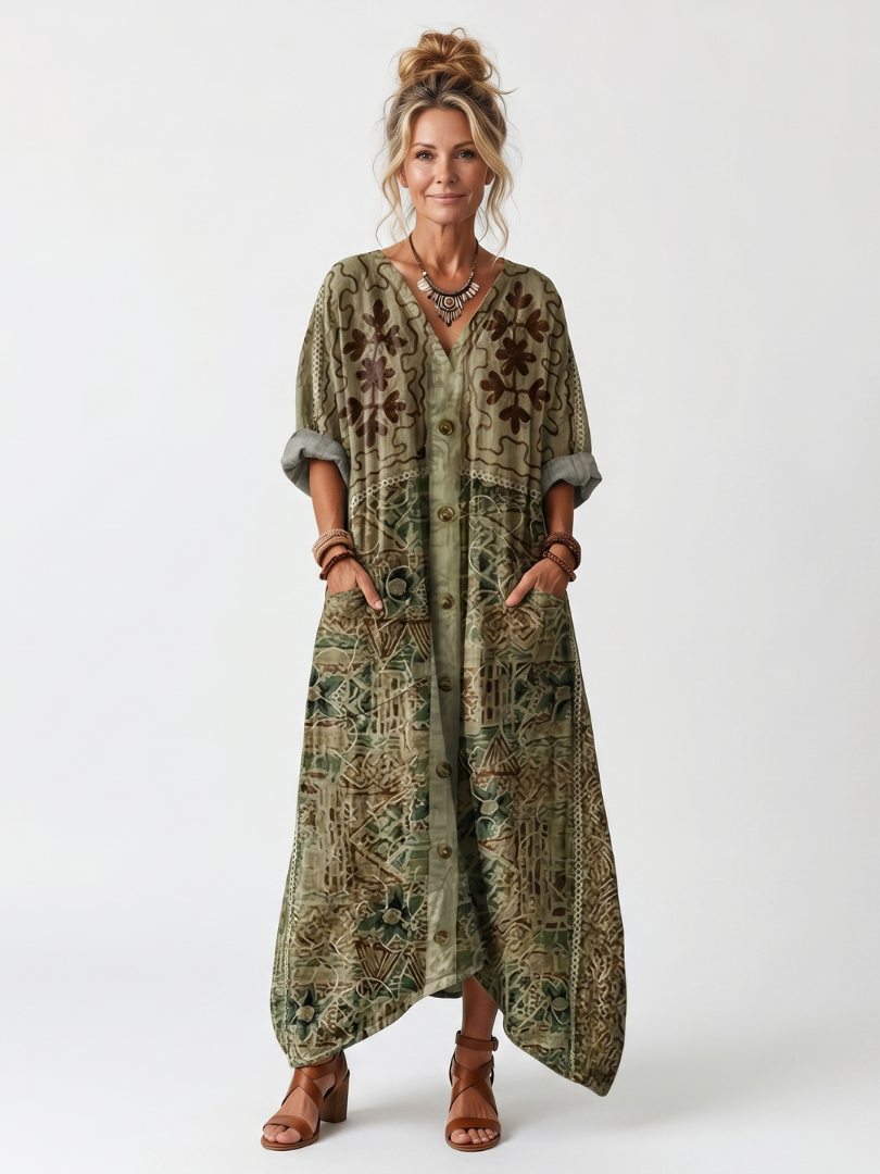 Boho Print V-Neck Button Front Pocket Midi Dress
