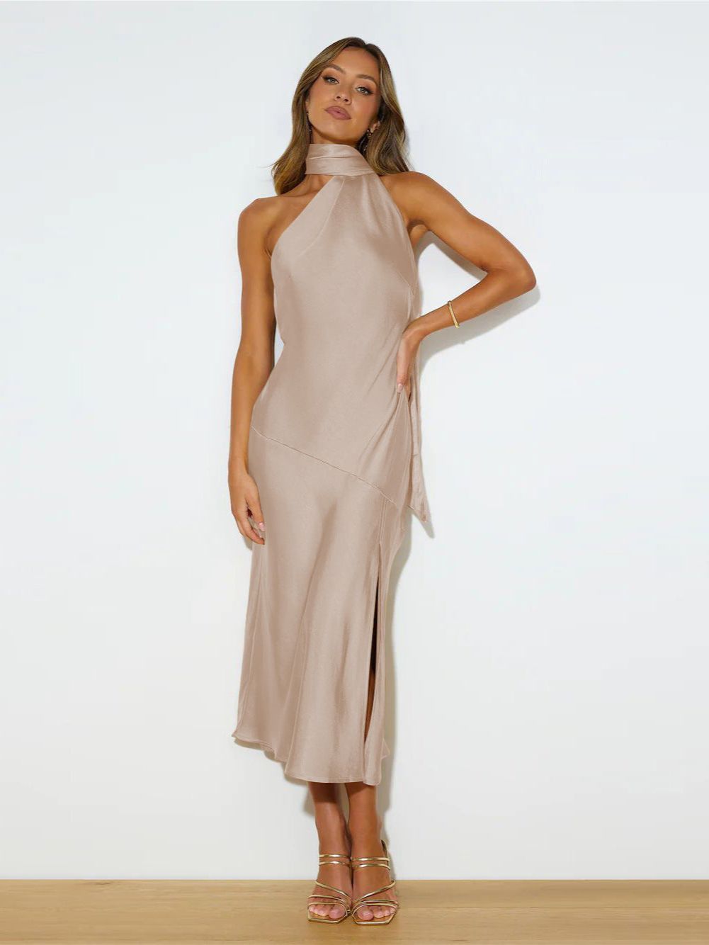 Satin Halter Neck One Shoulder High Split Bodycon Midi Cocktail Dress