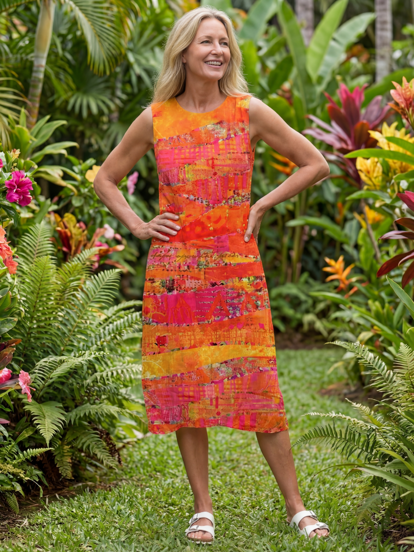 Abstract Print Round Neck Sleeveless Shift Midi Dress