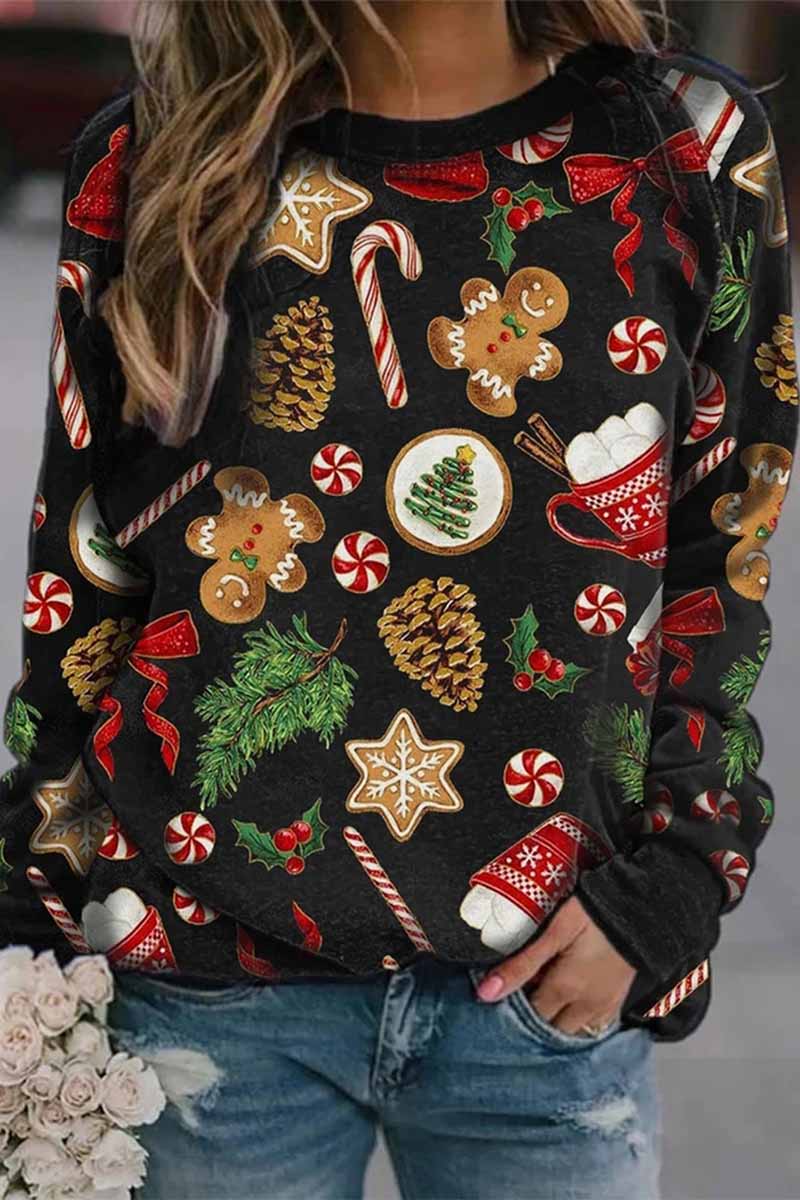 Florcoo Printed Round Neck Long Sleeves Tops