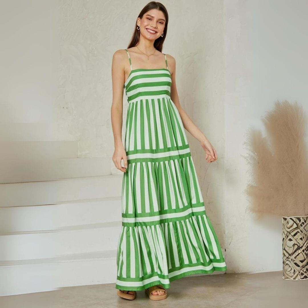 Spaghetti Strap Square Neck Tiered Stripe Maxi Dress - View 3