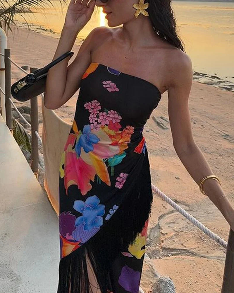 Elegant Vacation Print Fringe Dress - Fashionpara