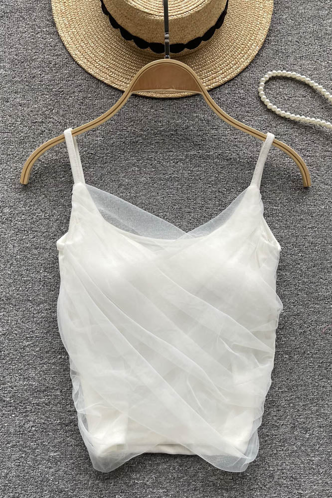 Ruched Mesh Camisole Underwear Strap Lady Slim Backless Tank Tops