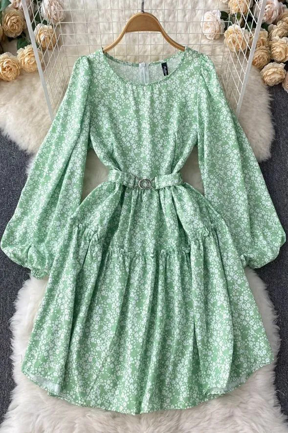 Elegant Lantern Sleeve Print Floral Casual A-line With Belt