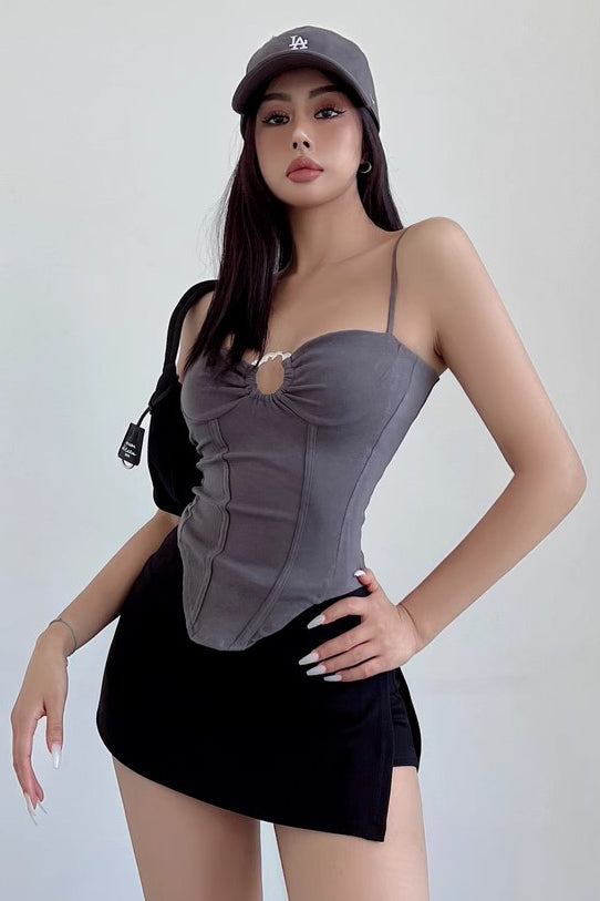 Sexy Tight Hollow Out Metal Lifting Ring Strap Tank Top