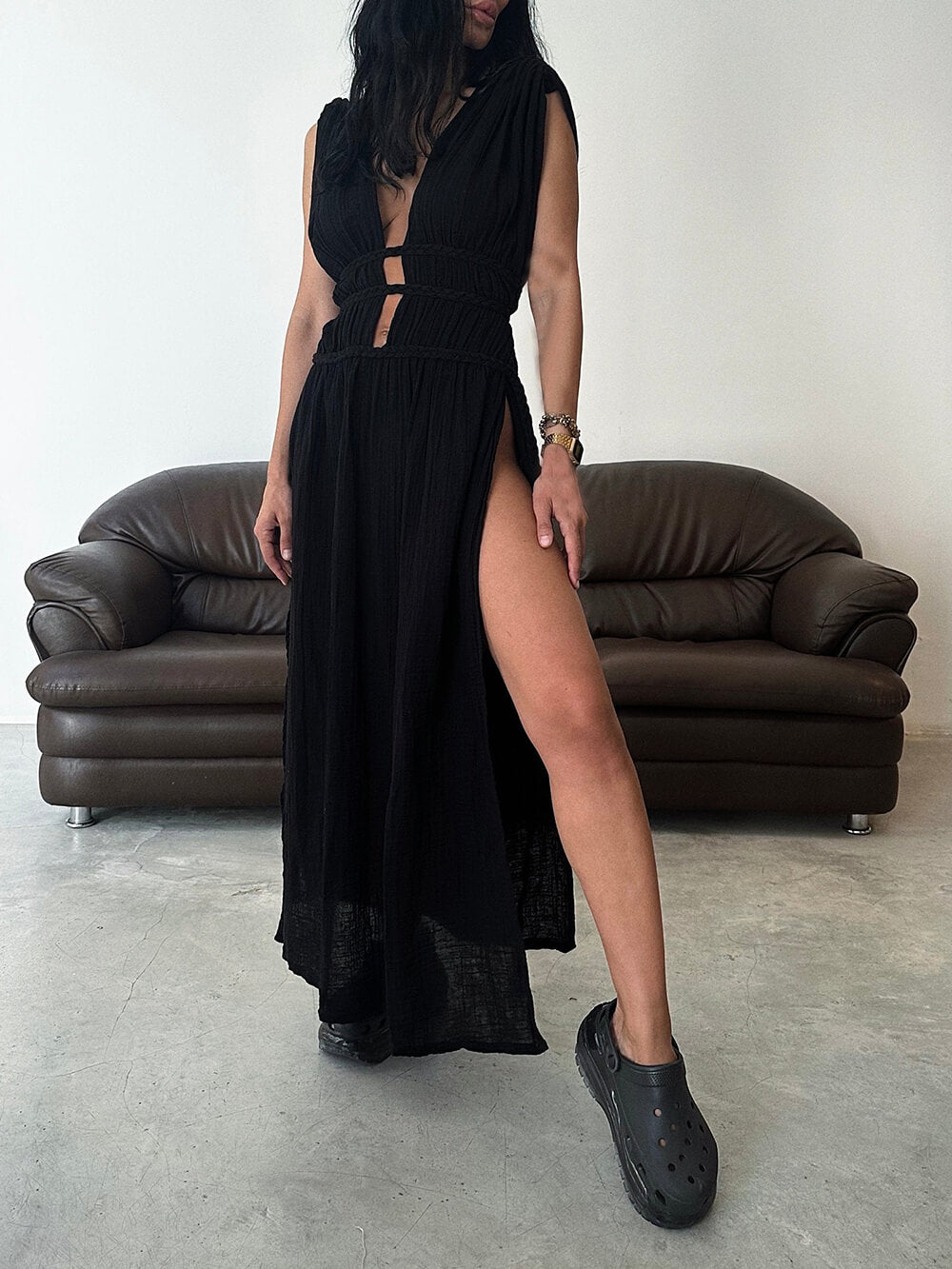 Boho Braids Belt Cutout Slit Kaftan Maxi Dress - Fashionpara