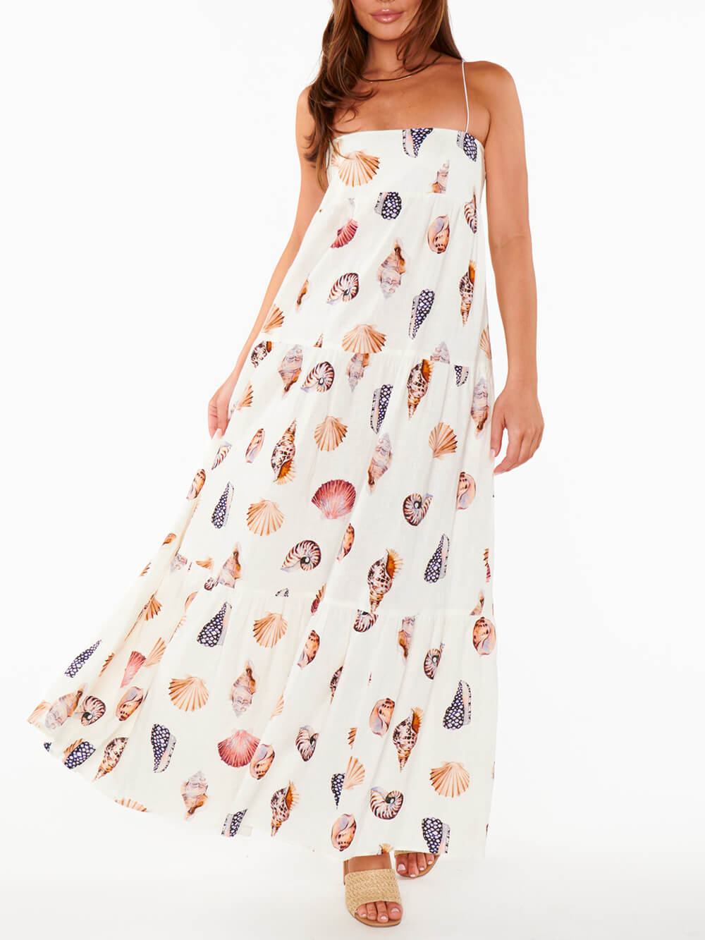 Unique Shell Conch Print Pleated Pockets Lightweight Maxi Dress - Fashionpara
