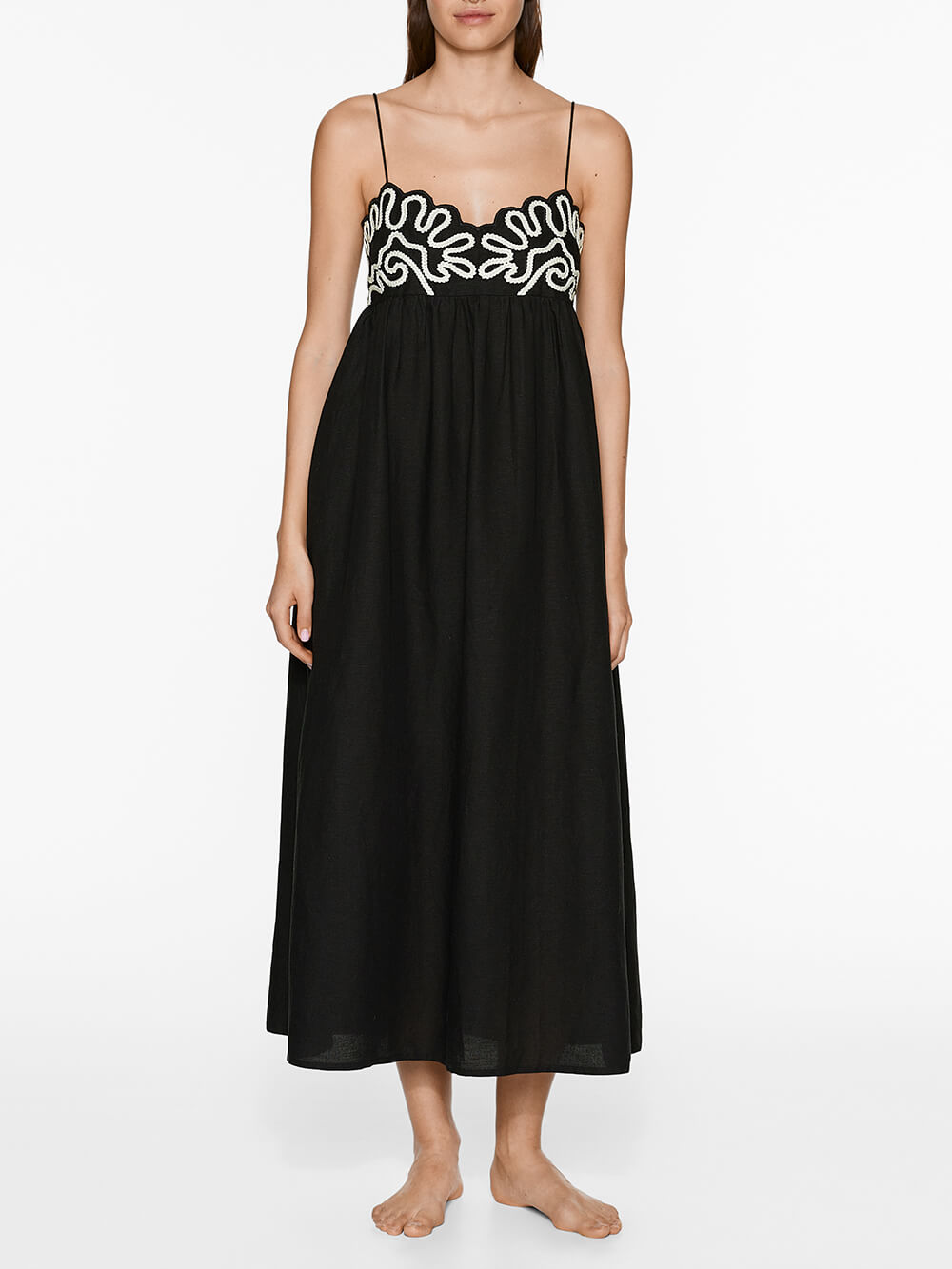 Classic Linen Floral Patchwork Suspender Midi Dress - Fashionpara