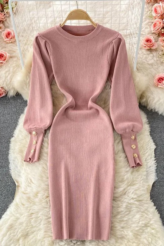 Elegant Puff Sleeve Knitted Sweater Dress for Chic Style