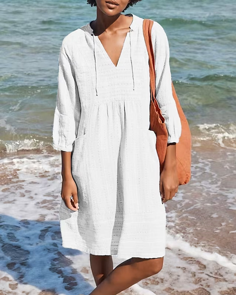 Textured Dot Stripe V-Neck Tie Neck Three Quarter Midi Dress - View 3