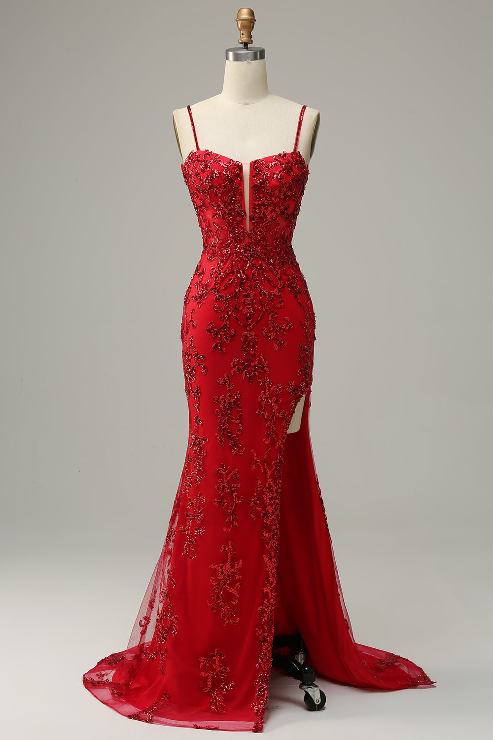 Mermaid Spaghetti Straps Red Sequins Long Prom Dress with Split Front - Fashionpara