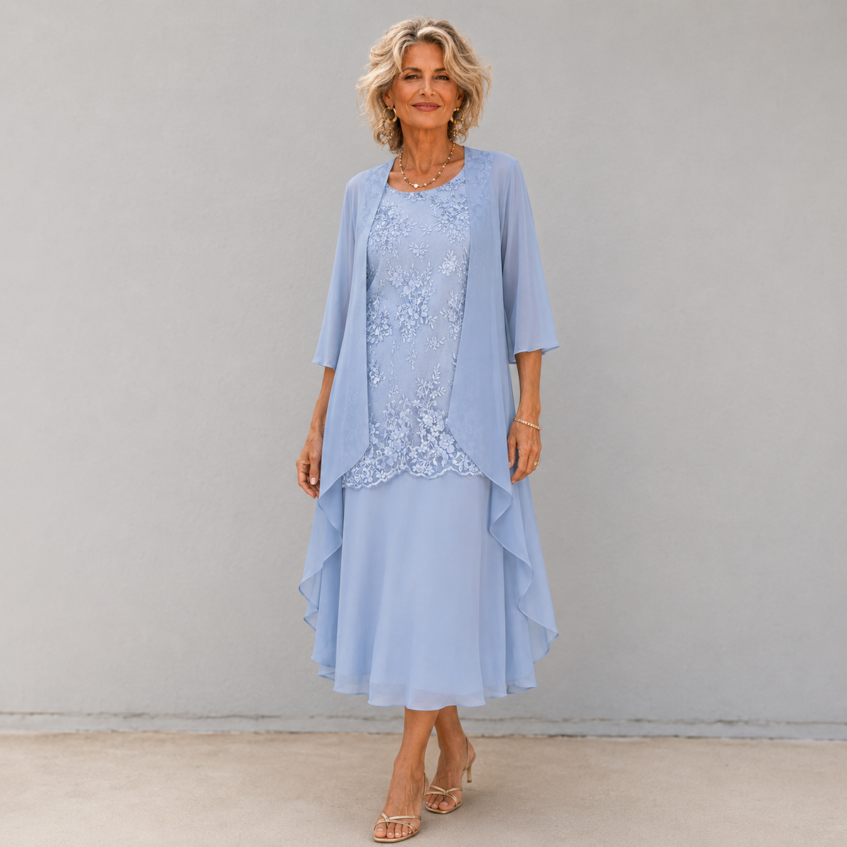Lace Bodice Chiffon Two Piece Jacket Midi Dress 5
