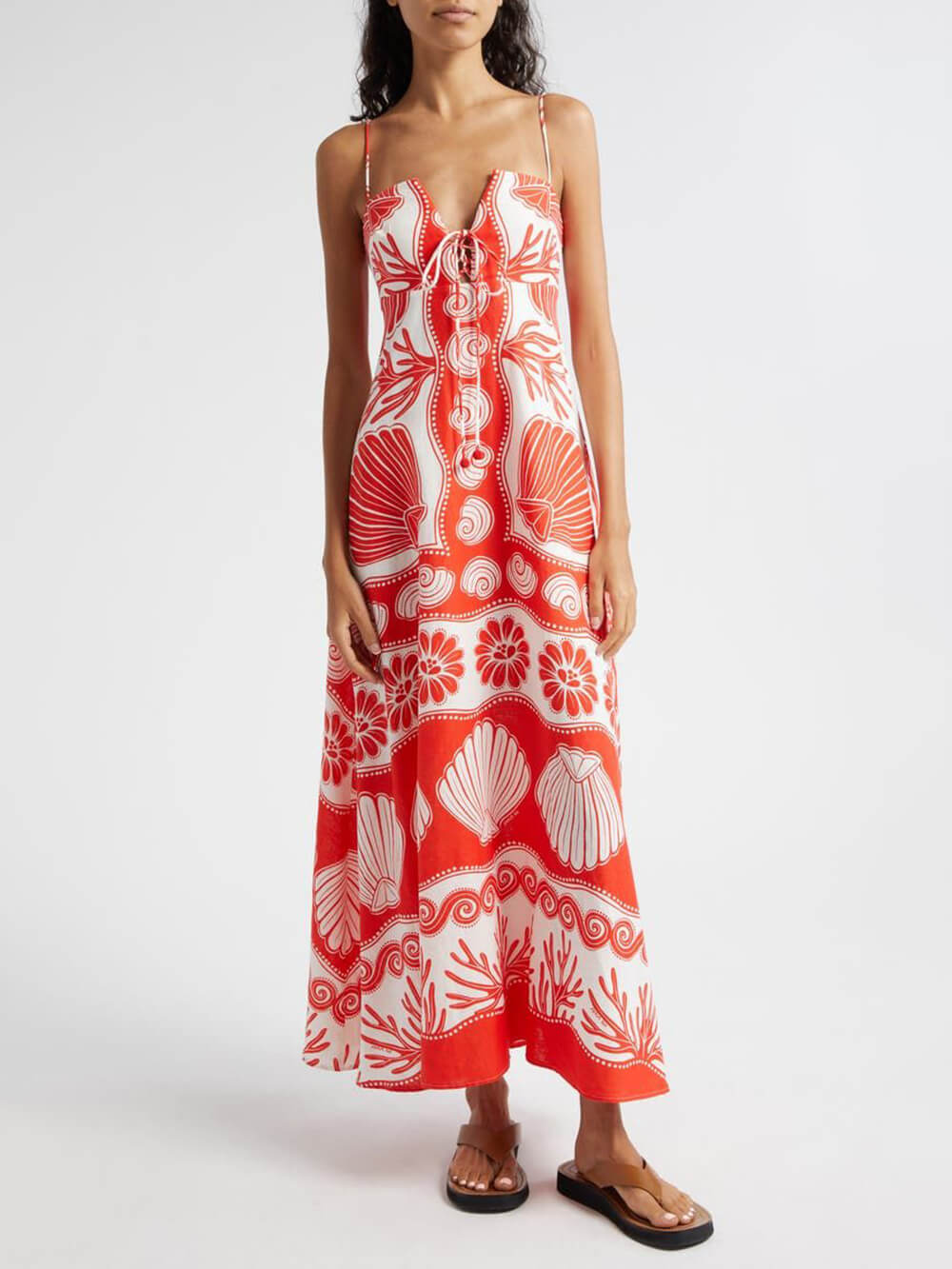 Shell Unique Print Front Lace-Up Loose Maxi Dress - Fashionpara