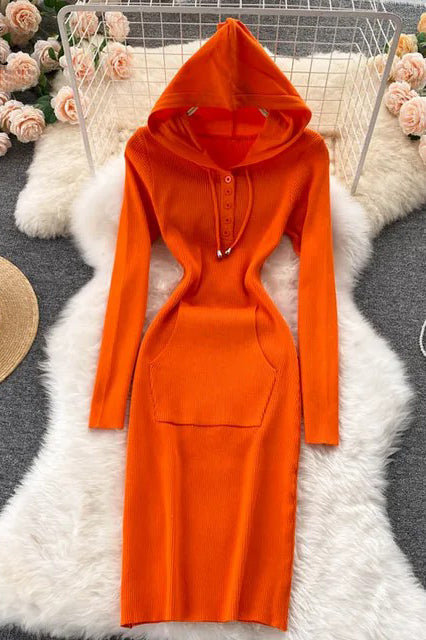 Orro Shop Hooded Buttoned Bodycon Knitted Sweater Dress