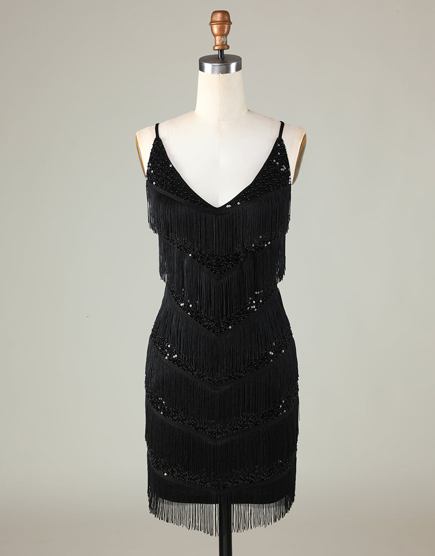 Gorgeous Black V-Neck Tight Tassel Homecoming Dress - Fashionpara