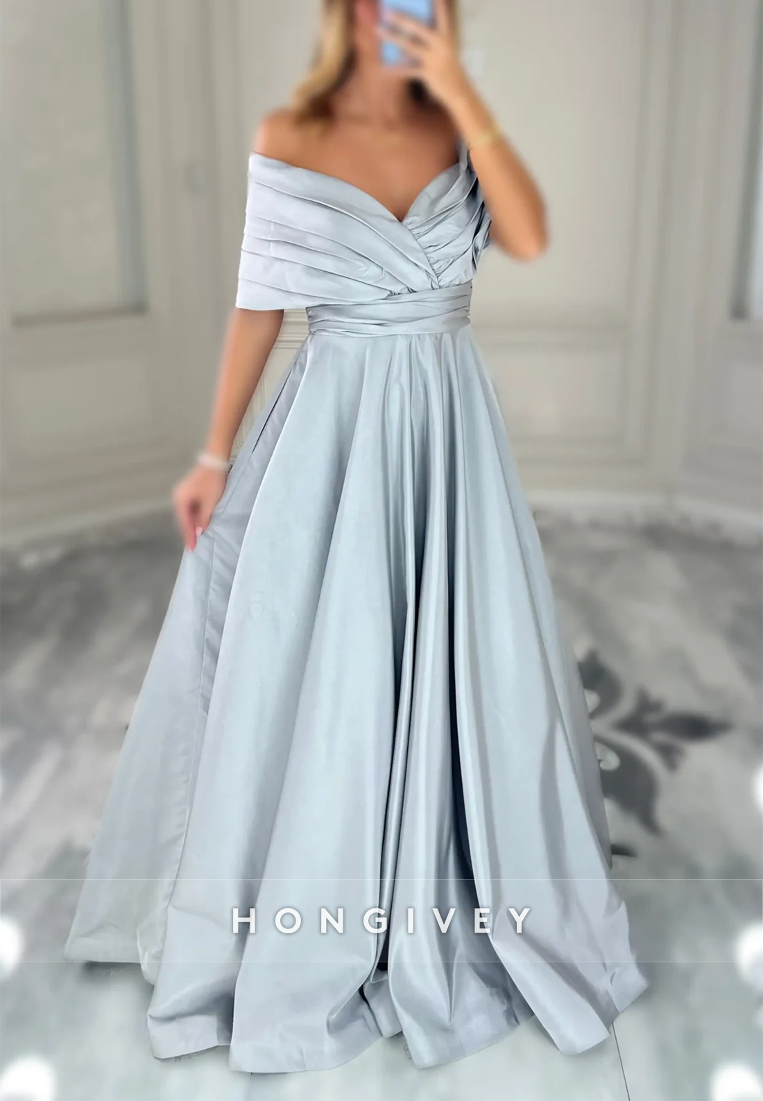 A-line Off the Shoulder Satin Tie Back Lace up Formal Evening Dresses