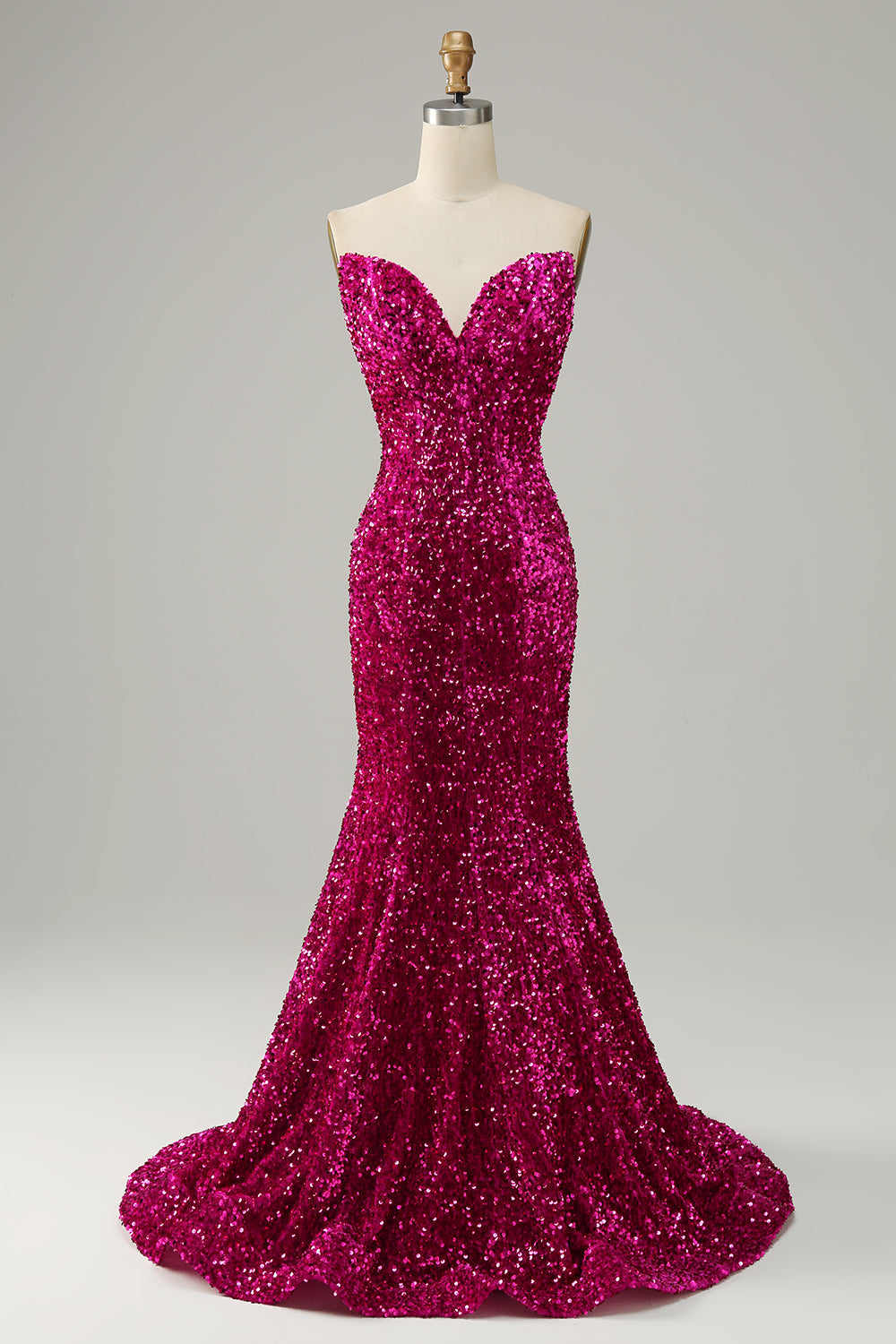 Fuchsia Sweetheart Neck Sequined Mermaid Prom Dress With Sweep Train - Fashionpara