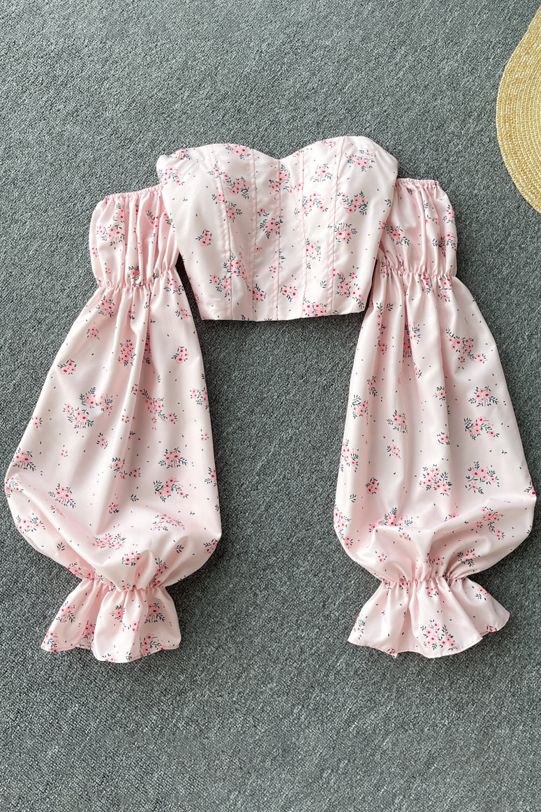 Strapless Floral Blouse Elastic Ruched Slim Long Sleeve Tops Off Shoulder Short Blouser